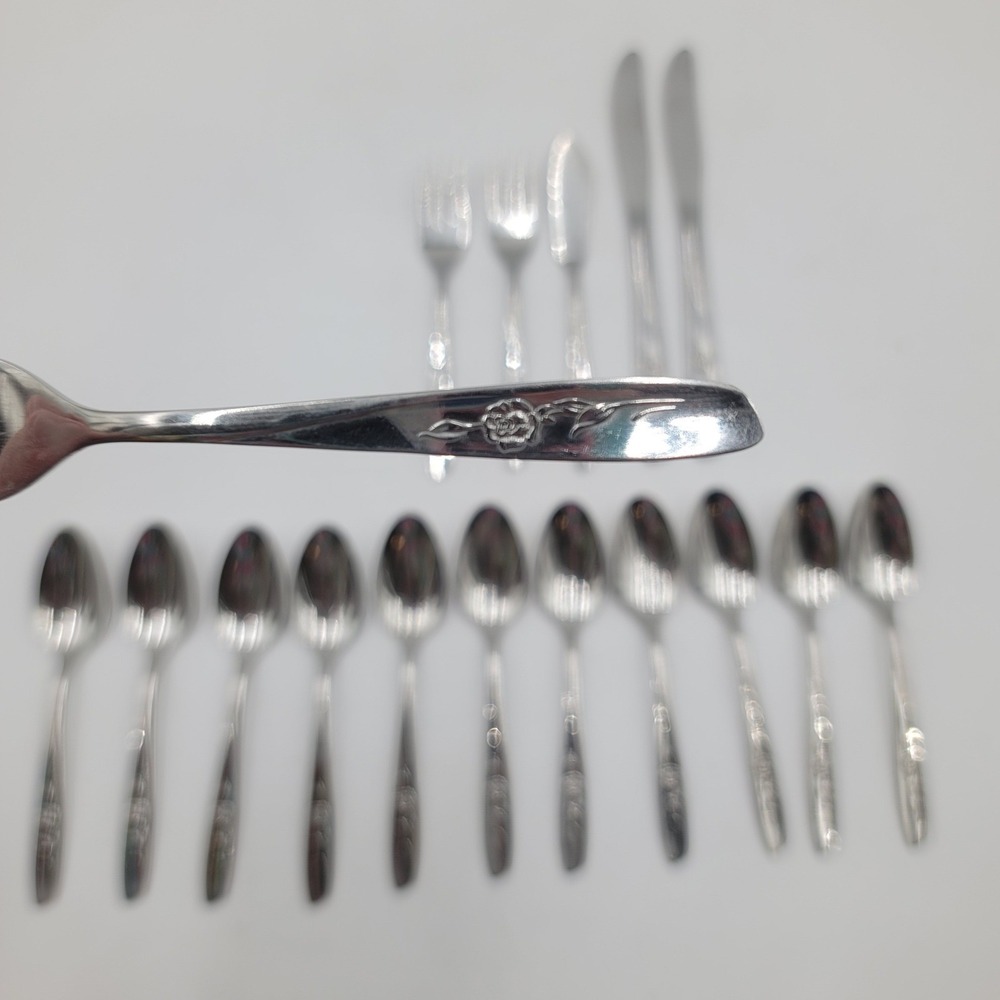 17pc Wm A Rogers Oneida Sweet Briar Stainless Flatware‎ Rose Floral Silverware